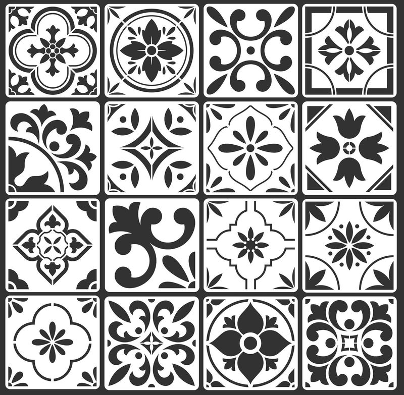neglex 16-Pack Spanish Tile Stencil Set (8X8 Inch) Authentic Patterns for Floor and Wall, Reusable Tile Stencils for Painting on Floors, Furniture, and Canvas, DIY Spanish Talavera Home Décor - Image 1